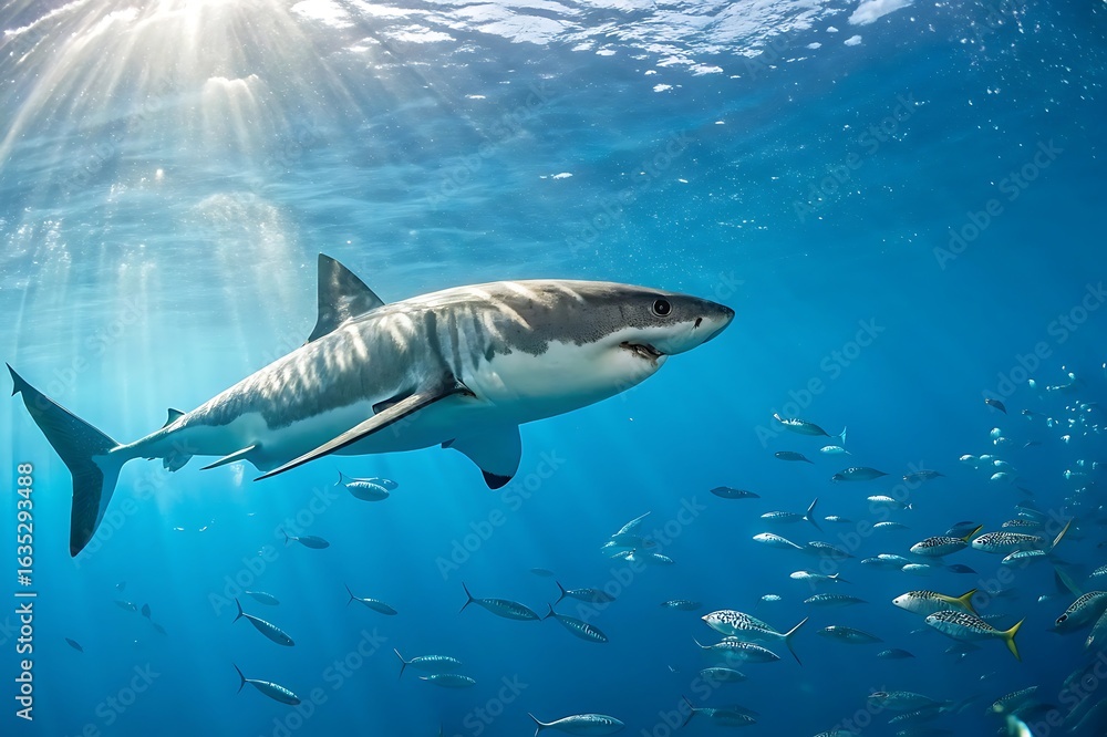Fototapeta premium Great white shark swimming underwater in clear blue ocean with school fish