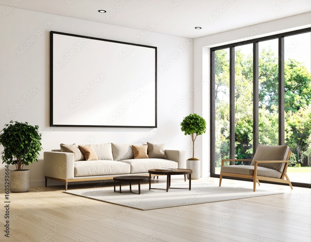Fototapeta premium Bright Living Room with Large Window and Blank Canvas Modern Interior Design.