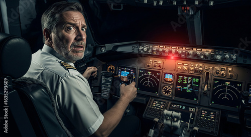 Frightened mature pilot in the cockpit experiencing a critical flight emergency at night.