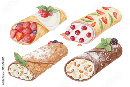 set of watercolor cannoli ricotta vector illustration isolated on white background