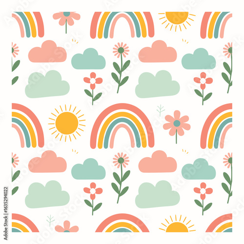 Seamless Pattern with Cute Rainbows, Clouds, Sun, and Flowers, Colorful Spring Nature Kids Background for Nursery, Fabric, Wallpaper, and Stationery Design
