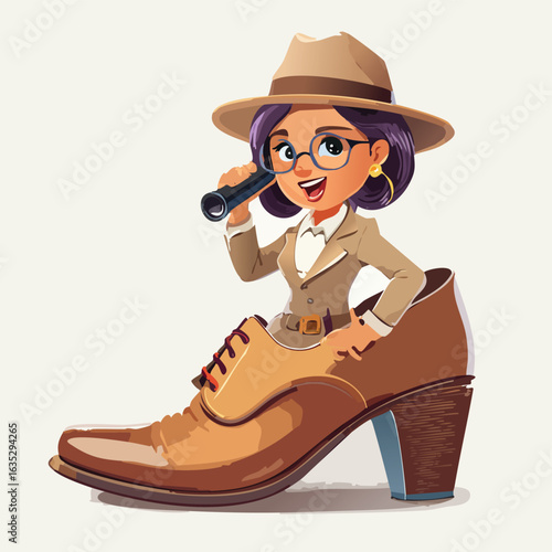 Retro detective character vector illustration of a woman in a trench coat and hat examining clues through a magnifying glass