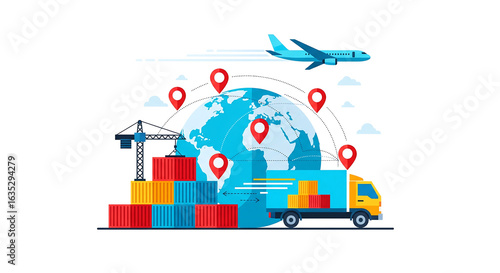  Flat design of global logistics with delivery truck, airplane