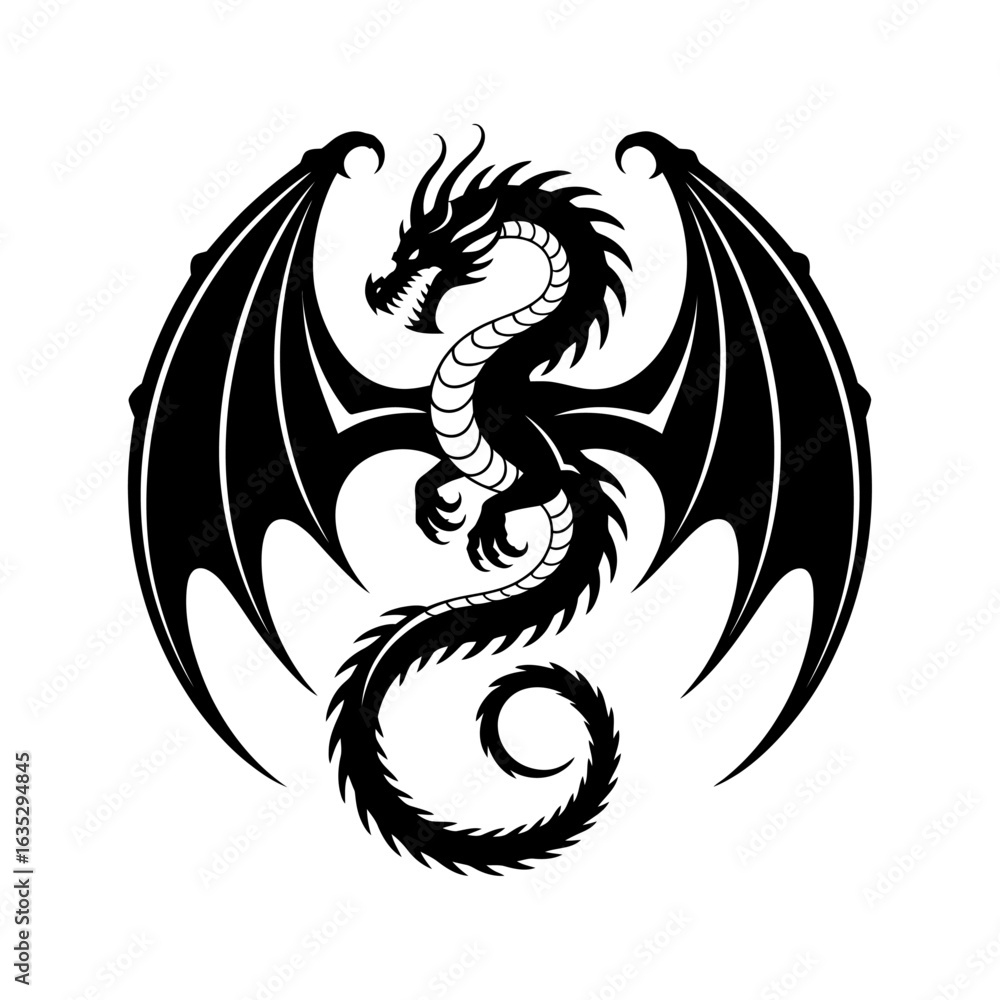 Naklejka premium silhouette of a fierce dragon coiled in flight vector art