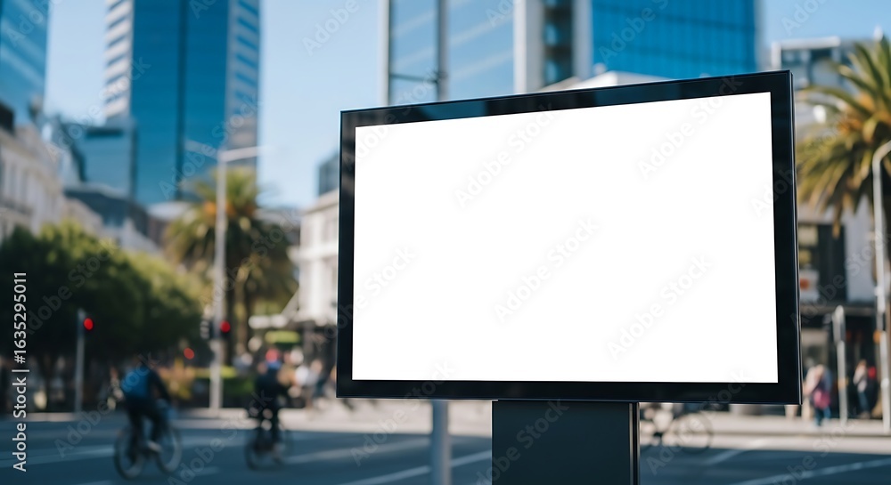 Fototapeta premium Billboard Mockup in Urban Setting, Advertisement Space in City with Cyclists and Modern Buildings, Blank Billboard Sign for Marketing and Promotion on Busy Street