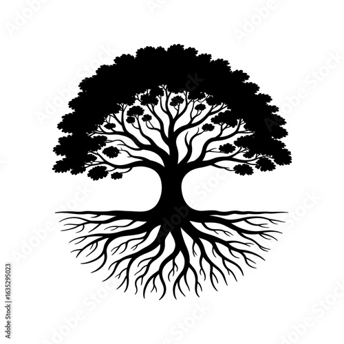 silhouette of a tree with sprawling roots and branches representing prosperity and success