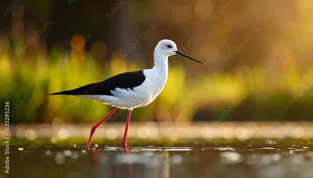 Obraz premium Black-winged stilt in shallow water at dawn