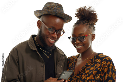 Two trendy persons with a phone. Can be used as a branding design and as a background image.