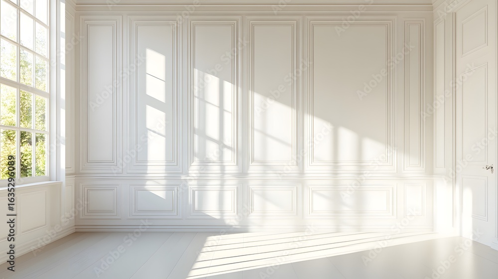 Fototapeta premium Bright sunlight streams into an empty white room with window and paneling.