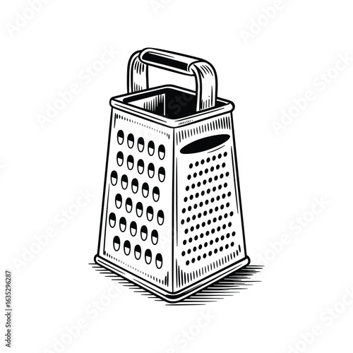 Box Cheese Grater Vintage Hand Drawn Illustration, Kitchen Utensil Black and White Sketch, Cooking Tool Art for Restaurant Menu, Food Design.