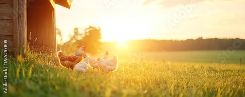 Free range chickens at sunset grazing in grassy field near farm coop