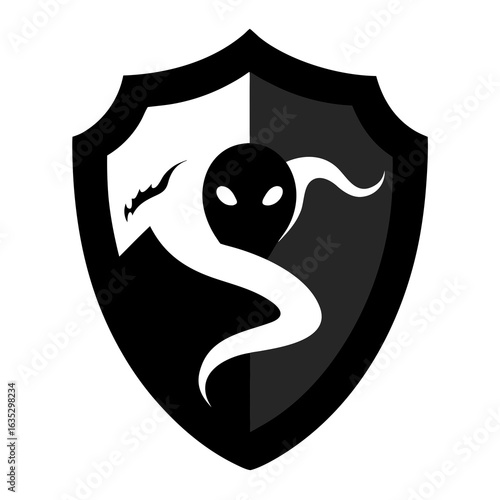 Shield with a stylized ghost and dragon head emblem