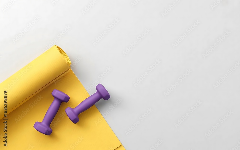 Fototapeta premium Vibrant Yellow Yoga Mat and Purple Dumbbells for a Home Workout