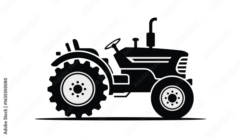 Obraz premium Black silhouette of farm tractor with large rear wheel and small front wheel, agricultural machinery vector illustration isolated on white background.