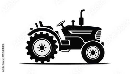 Black silhouette of farm tractor with large rear wheel and small front wheel, agricultural machinery vector illustration isolated on white background.