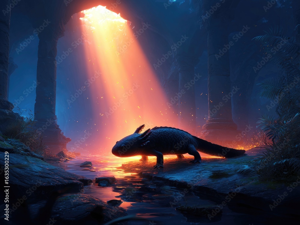 Fototapeta premium A creature stands bathed in light within a mystical cave.
