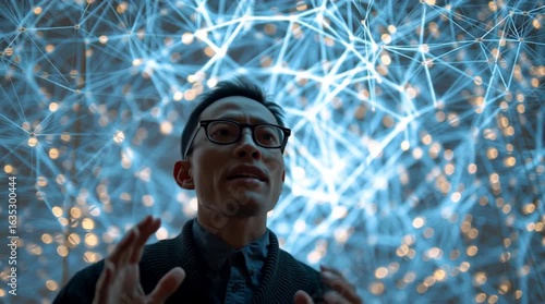 Man with glasses looking up at illuminated network of lights with hands raised in wonderment