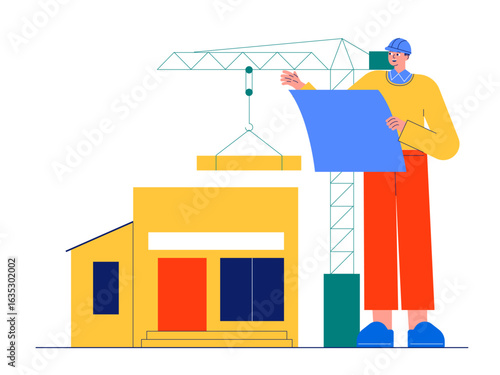 Final stage of house construction by architect. Architect illustration. Cartoon flat vector illustration.
