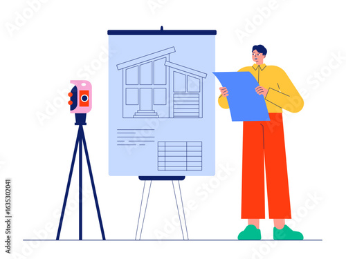 Equipment used by architects to create building projects. Architect illustration. Cartoon flat vector illustration.