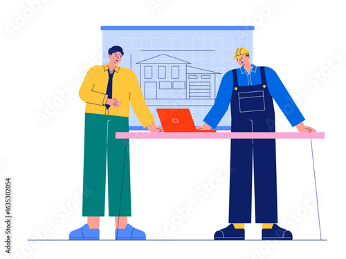 Discussion of architect and foreman of building construction project. Architect illustration. Cartoon flat vector illustration.