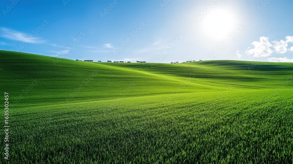 Obraz premium Rolling green hills landscape on sunny day blue sky serene nature scenery