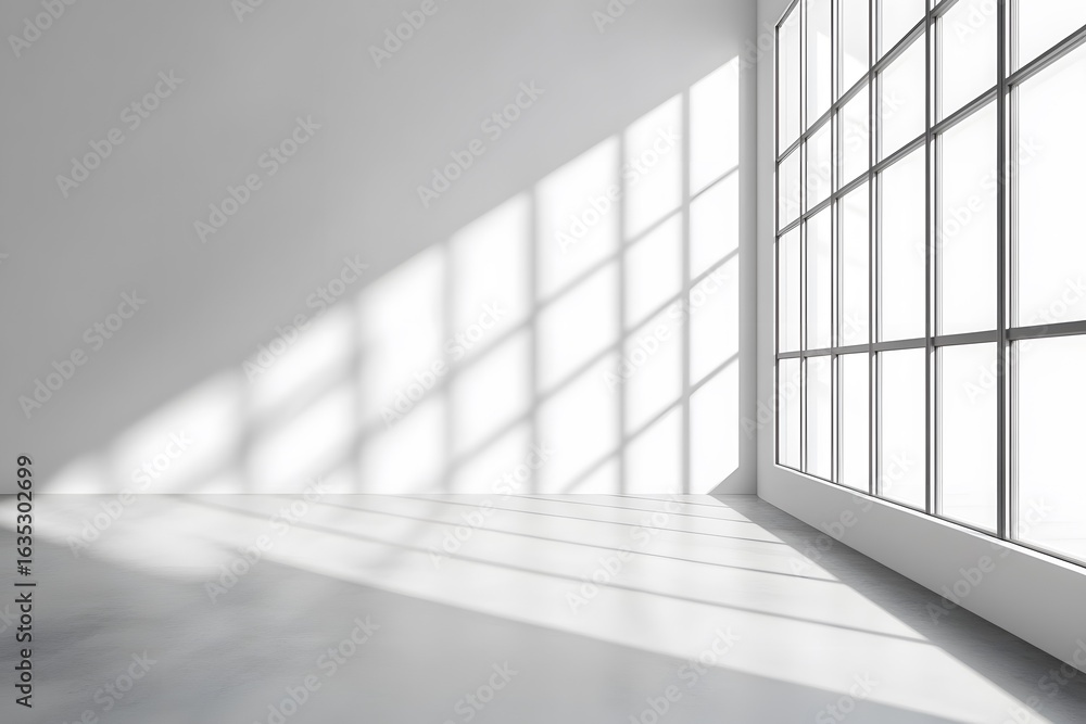 Fototapeta premium Empty white room with large window and sunlight streaming through the panes.