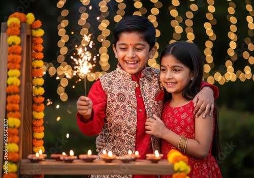 Indian children celebrating Diwali with sparkler and diyas festival celebration