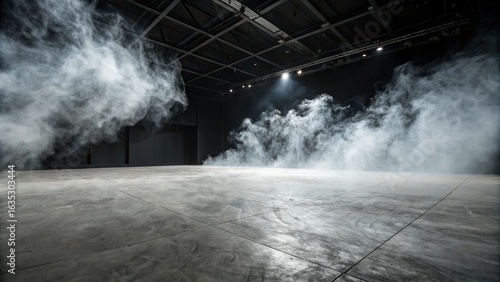 Moody Industrial Space: Fog-Filled Concrete Floor, Dramatic Lighting, Empty Stage