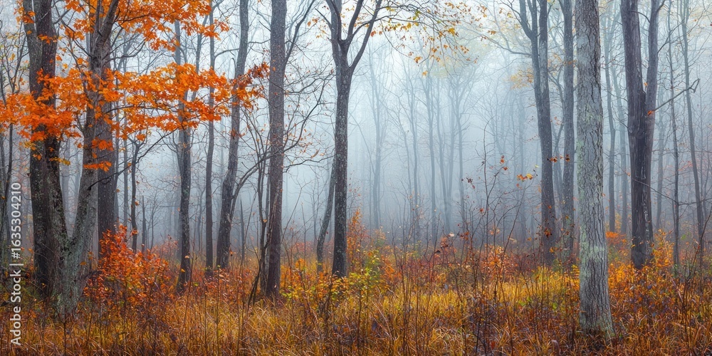 Fototapeta premium A dense forest in autumn, partially hidden by mysterious fog weaving between the trees