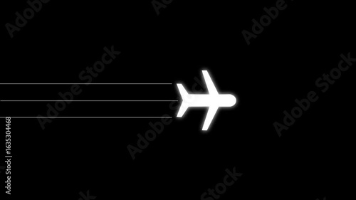 Glowing plane icon animation left to right, Fly icon animation concept, simple flat plane animation. Airplane line path animation on blue background.