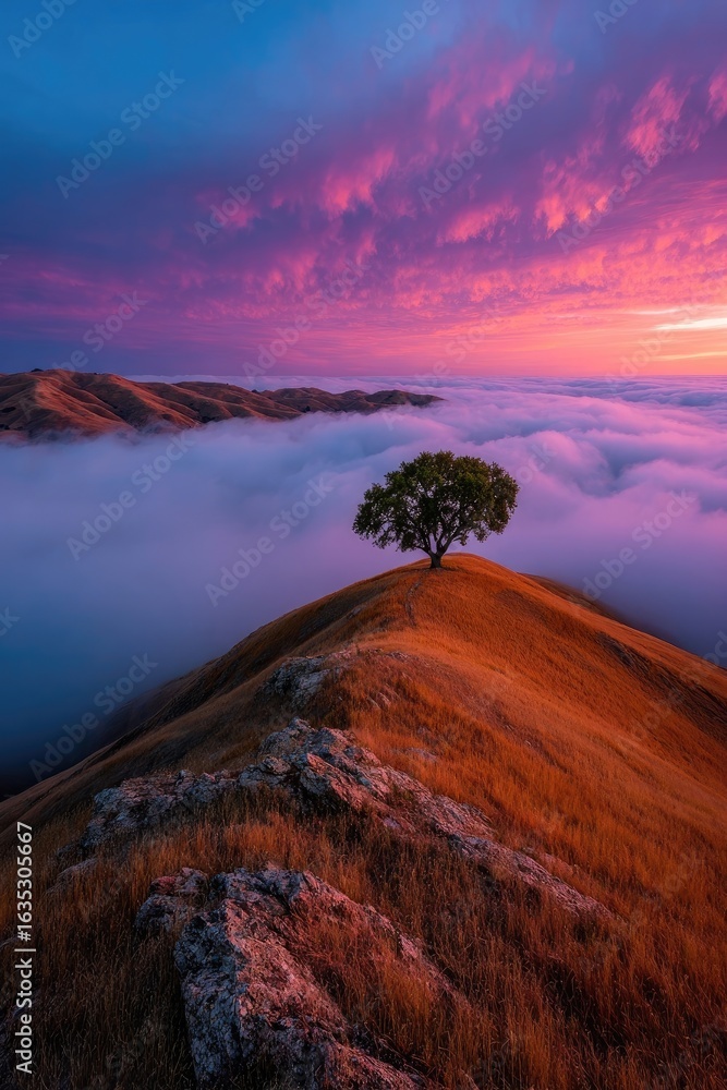 Naklejka premium Lone Tree on Hill at Sunrise