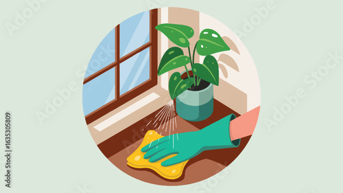 Hand In Glove Cleaning A Surface With Spray And Cloth Near A Potted Plant hygiene sanitation