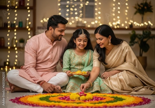 Indian family creating a Rangoli for Diwali festival celebration at home image photo