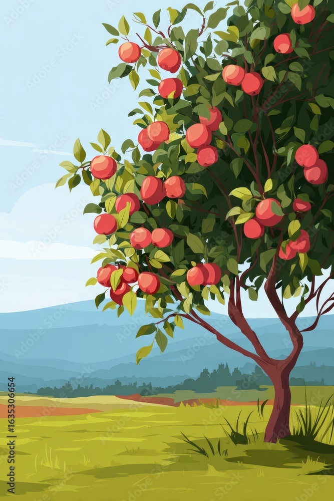 Fototapeta premium Lush orchard landscape with a laden tree.