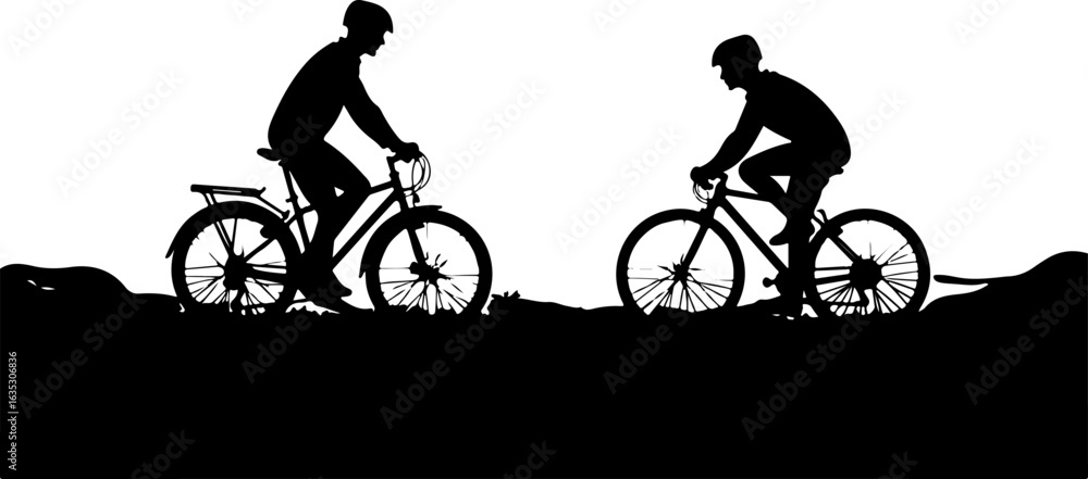Obraz premium silhouette of riding bicycles, bicycle, bike, silhouette, sport, cycling, cyclist, cycle, vector, illustration, biker, ride, woman, people, race, person, biking, mountain, black, activity, bicyclist,