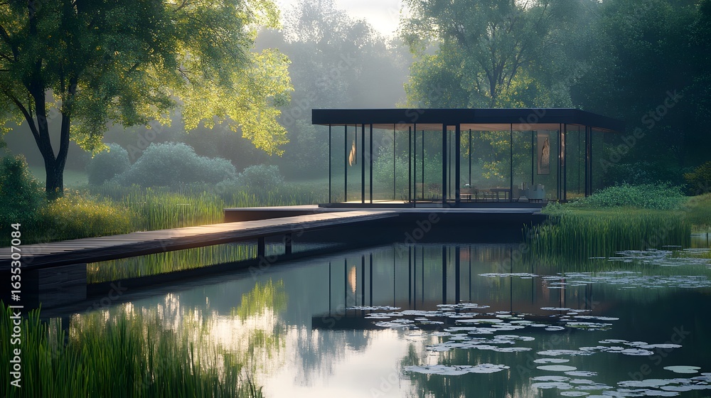 Fototapeta premium Modern glass structure on a wooden platform over water surrounded by green foliage.