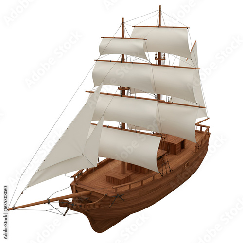 3D Illustration of a Wooden Sailing Ship Isolated on a Transparent Background