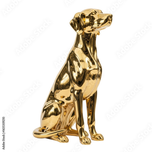 A sleek, highly reflective golden dog sculpture sits upright. This elegant piece is ideal for luxury decor, awards, or upscale design projects.