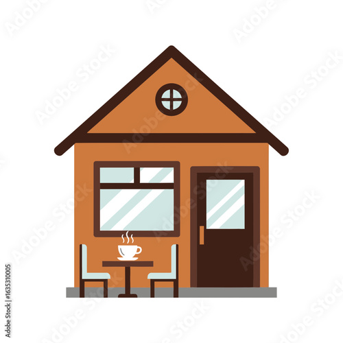 Small brown house with table and chairs outside on a white background.