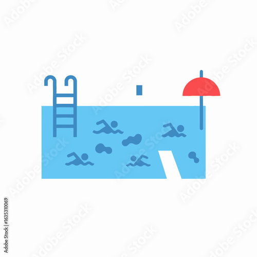 Swimming pool illustration with ladder diving board umbrella and floating objects.