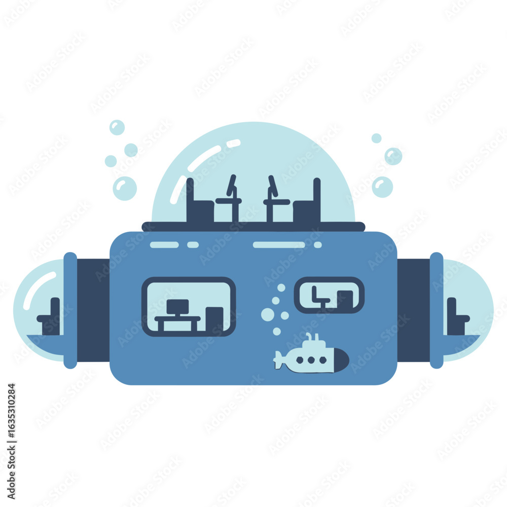 Fototapeta premium Blue stylized submarine with windows and bubbles on a white background.