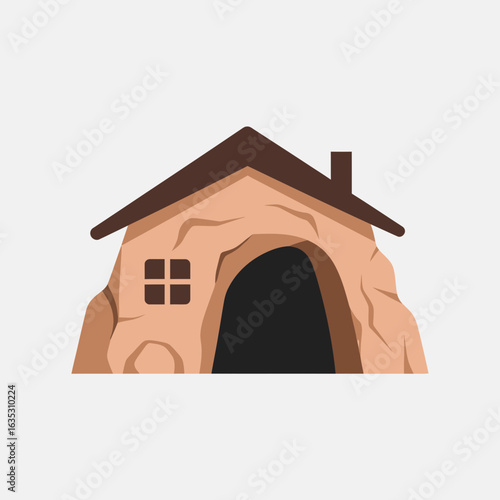 Cartoon rock house with brown roof and window isolated on white background.