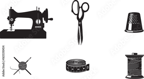 Sewing Tools and Equipment Still Life with Vintage Sewing Machine and Tailoring Elements Collection