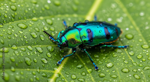 Wallpaper Mural Iridescent Beetle on a Rain-Soaked Leaf Torontodigital.ca