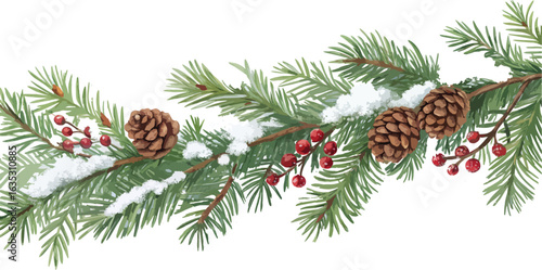 Realistic Christmas Pine Branch Snow Border.