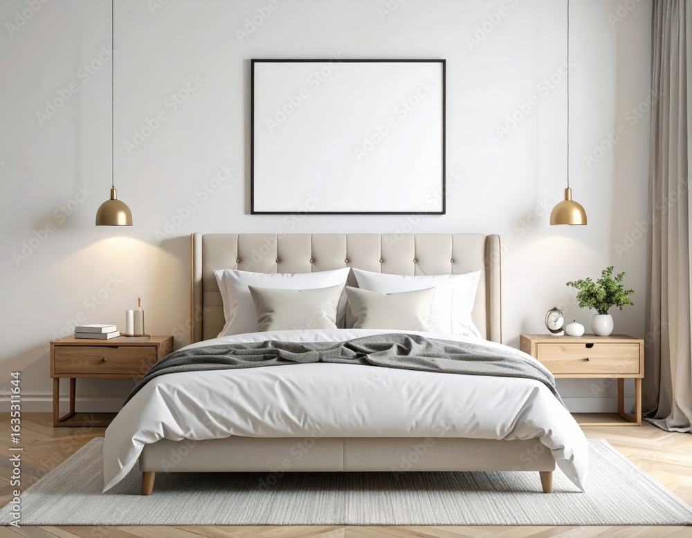 Fototapeta premium Elegant Bedroom Interior with Neutral Tones and Modern Lighting Fixtures.
