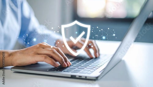 Secure digital life with advanced cybersecurity, protecting data while working on a laptop, modern technology