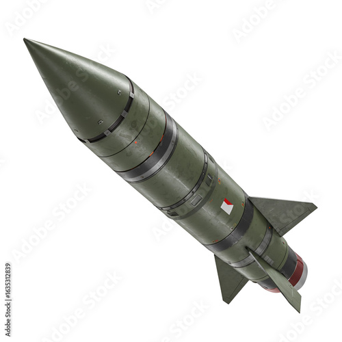 3D Render of a Military Missile with Green and Red Details on Isolated Background