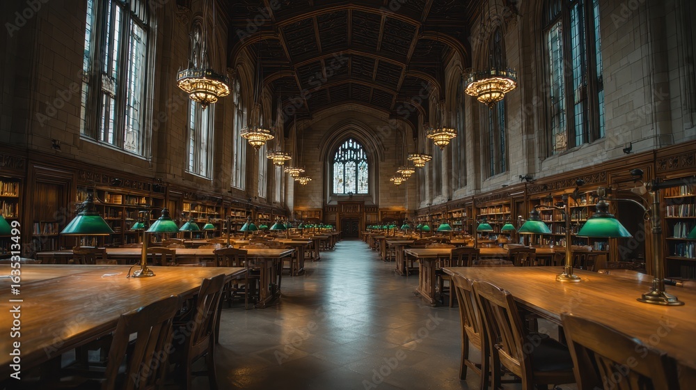 Fototapeta premium Grand library hall, quiet study, stone architecture, arched windows, education