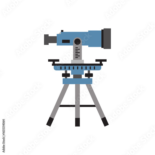 Blue telescope on tripod for observing stars or planets against white background.